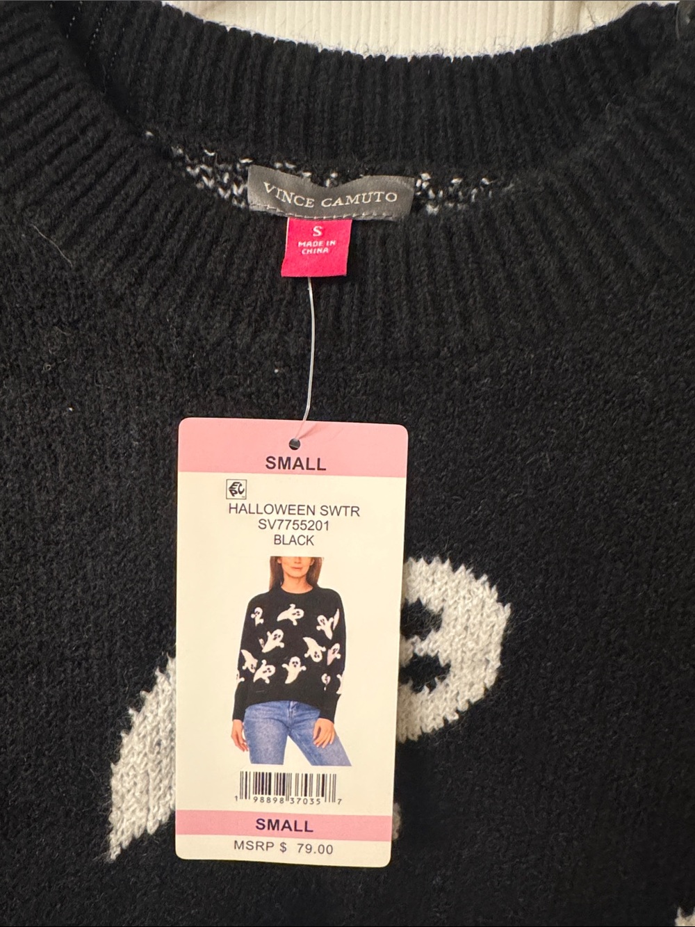 Vince Camuto Black & White Ghost Pattern Crewneck Sweater - Picture 2 of 4